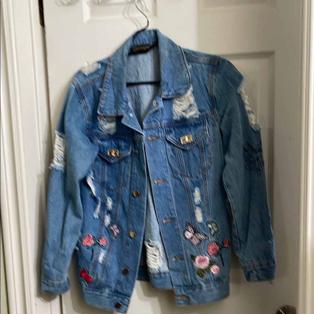 Embroidered Denim Jacket with Floral and Butterfly Design